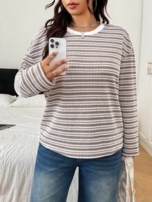 SHEIN EZwear 大尺碼日常百搭提花撞色圓領長袖T恤 秋季 - 杏色 - 查看 4