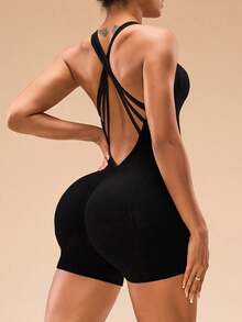 SHEIN Sports Women's Criss Cross Backless Sleeveless Slim Fit Sports Rompers Body Suit - Black - View 5