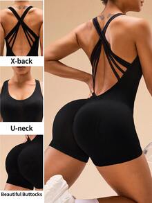 SHEIN Sports Women's Criss Cross Backless Sleeveless Slim Fit Sports Rompers Body Suit - Black - View 1