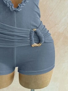 Soleia 女士纯色金属装饰休闲日常连体裤 - 霧霾藍 - 查看 7