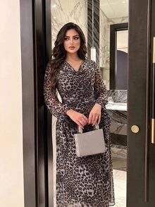 Modelyn Autumn Leopard Print Mesh Cowl Neck Front Ruched Sleeve Tie Waist Flared Hem Elegant Plus Size Women's Dress - Multicolor - View 5