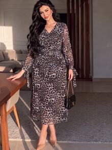 Modelyn Autumn Leopard Print Mesh Cowl Neck Front Ruched Sleeve Tie Waist Flared Hem Elegant Plus Size Women's Dress - Multicolor - View 4
