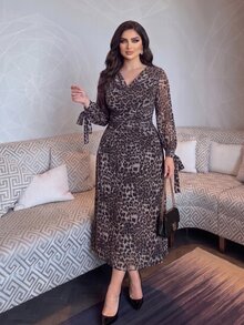 Modelyn Autumn Leopard Print Mesh Cowl Neck Front Ruched Sleeve Tie Waist Flared Hem Elegant Plus Size Women's Dress - Multicolor - View 9