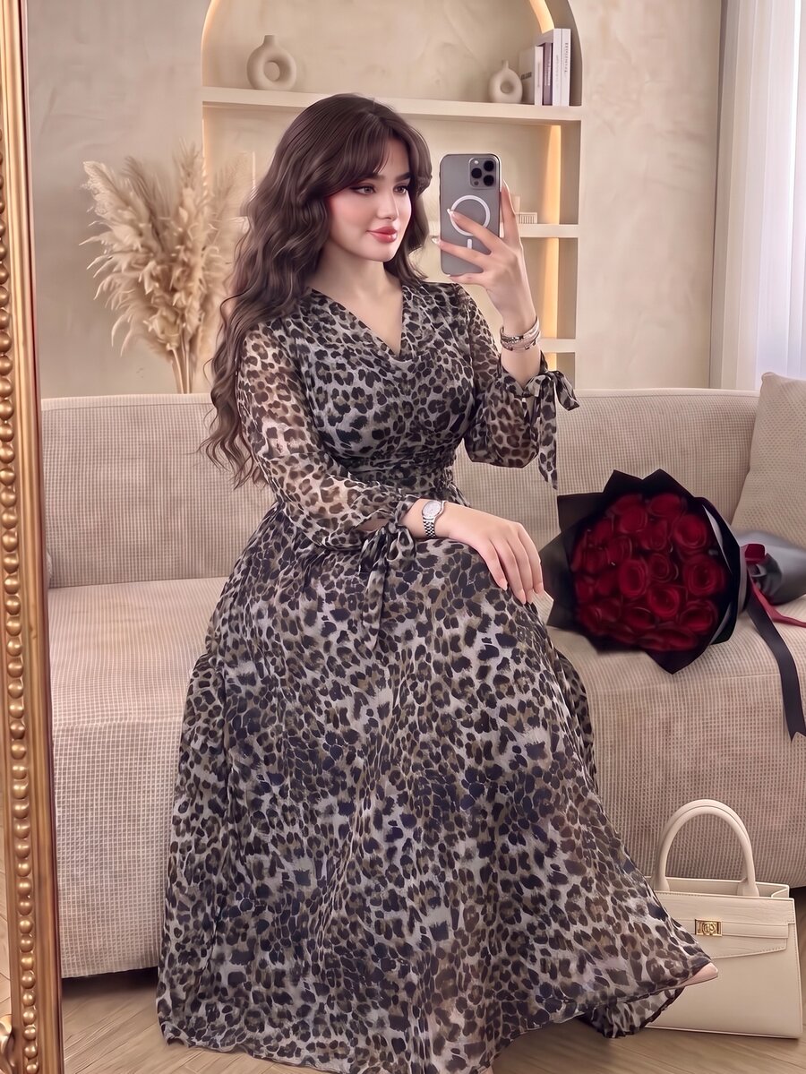 Modelyn Autumn Leopard Print Mesh Cowl Neck Front Ruched Sleeve Tie Waist Flared Hem Elegant Plus Size Women's Dress