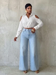 VaVaBold Solid Textured Button Front Cold-Shoulder Collar Blouse Women Shirt Fall Cloth For Women - White - View 3