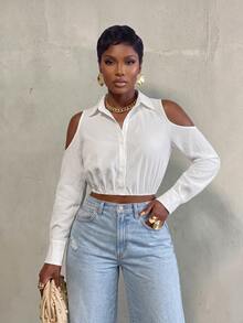VaVaBold Solid Textured Button Front Cold-Shoulder Collar Blouse Women Shirt Fall Cloth For Women - White - View 5