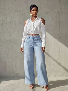 VaVaBold Solid Textured Button Front Cold-Shoulder Collar Blouse Women Shirt Fall Cloth For Women - White - View 1