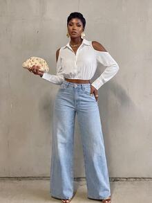 VaVaBold Solid Textured Button Front Cold-Shoulder Collar Blouse Women Shirt Fall Cloth For Women - White - View 4
