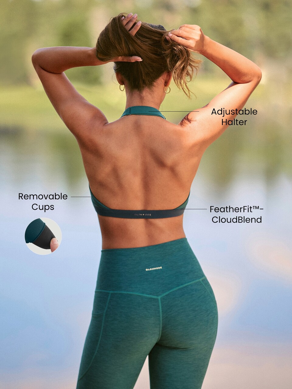 FeatherFit™-CloudBlend Light & Lifted Two-Tone Open Back Halter Bra With Removable Cups Low Impact Barre Ballet Pilates Daily Casual
