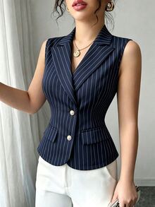 Elenzga Elegant Vertical Striped Vest, Single-Breasted Sleeveless Waist Cinched Commuter Blazer For Women - Navy Blue - View 1