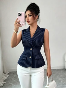Elenzga Elegant Vertical Striped Vest, Single-Breasted Sleeveless Waist Cinched Commuter Blazer For Women - Navy Blue - View 3