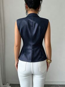 Elenzga Elegant Vertical Striped Vest, Single-Breasted Sleeveless Waist Cinched Commuter Blazer For Women - Navy Blue - View 2