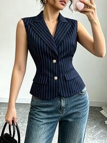 Elenzga Elegant Vertical Striped Vest, Single-Breasted Sleeveless Waist Cinched Commuter Blazer For Women - Navy Blue - View 4