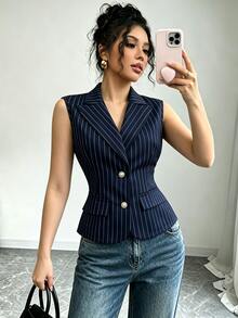 Elenzga Elegant Vertical Striped Vest, Single-Breasted Sleeveless Waist Cinched Commuter Blazer For Women - Navy Blue - View 5