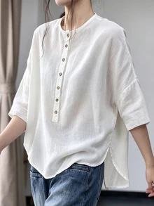 SHEIN Blus Pullover Lengan Sedang Musim Semi/Musim Gugur Model Baru Gaya Eropa dan Amerika dengan Kerah Bulat, Desain Kancing Dekoratif Elegan, Atasan Kasual Lengan Tiga Perempat - Putih - View 7