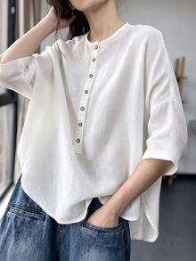 SHEIN Blus Pullover Lengan Sedang Musim Semi/Musim Gugur Model Baru Gaya Eropa dan Amerika dengan Kerah Bulat, Desain Kancing Dekoratif Elegan, Atasan Kasual Lengan Tiga Perempat - Putih - View 9