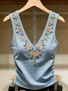 SHEIN Franclia 夏季休閒花卉印花背心 - 霧霾藍 - 查看 4