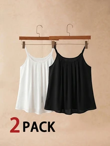 Editum Women's Solid Color Pleated Casual Versatile Camisole Two Pieces Set White Top Black Top Country Style For Women Summer Vacation - Black and White - View 8