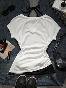 Attitoon 女款休閒復古V領掛脖綁帶拼接配色短袖T恤，適合夏季 - 白色 - 查看 2