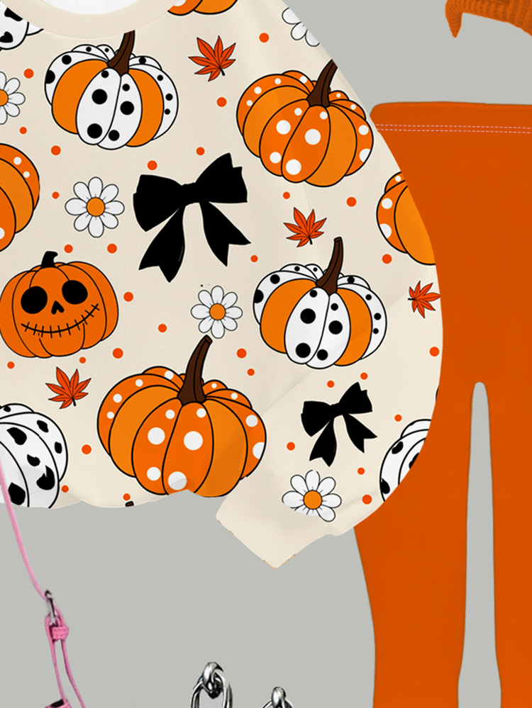 SHEIN Halloween, Tween Girls Casual Minimalist Cute Leopard Print Pumpkin Pattern, Pumpkin Color, Loose Round Neck Sweatshirt Elastic Waist Long Pants Set Suitable For Autumn/Winter Looks Of Party, Fall, Winter, Kawaii, Chill - Multicolor - View 7
