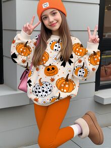SHEIN 萬聖節 青少年女孩休閒極簡可愛豹紋南瓜圖案 南瓜色 寬鬆圓領衛衣＋鬆緊腰長褲套裝 適合秋冬派對造型 秋季 冬季 卡哇伊 慵懶風 - 彩色 - 查看 2