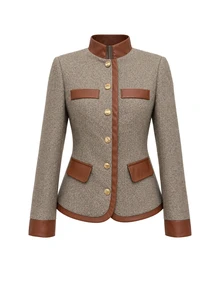 LUMIGAL Women's Herringbone Wool Stand Collar Leather Trim Metal Button Multi-Pocket Cinched Waist Slim Fit Retro Vintage Elegant Jacket Office Brown - Multicolor - View 4