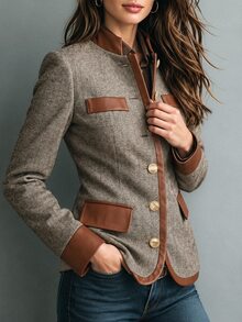 LUMIGAL Women's Herringbone Wool Stand Collar Leather Trim Metal Button Multi-Pocket Cinched Waist Slim Fit Retro Vintage Elegant Jacket Office Brown - Multicolor - View 5