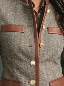 LUMIGAL Women's Herringbone Wool Stand Collar Leather Trim Metal Button Multi-Pocket Cinched Waist Slim Fit Retro Vintage Elegant Jacket Office Brown - Multicolor - View 6