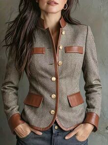 LUMIGAL Women's Herringbone Wool Stand Collar Leather Trim Metal Button Multi-Pocket Cinched Waist Slim Fit Retro Vintage Elegant Jacket Office Brown - Multicolor - View 1