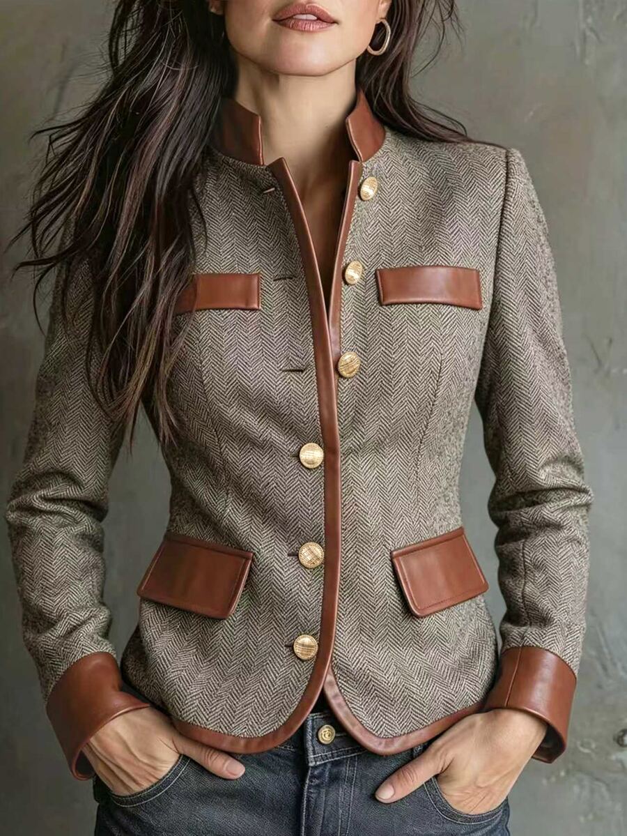 LUMIGAL Women's Herringbone Wool Stand Collar Leather Trim Metal Button Multi-Pocket Cinched Waist Slim Fit Retro Vintage Elegant Jacket Office Brown - Multicolor - View 1