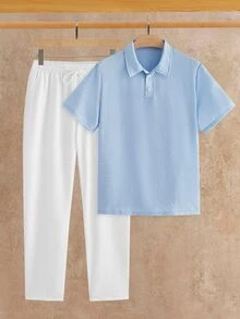 EASEVO 男士大尺碼純色短袖 Polo 衫與長褲休閒日常穿搭套裝 - 彩色 - 查看 6