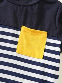SHEIN 4件/套 青少年男孩女孩休閒學院風 素色拼接條紋圓領長袖T恤多件套 舒適百搭 適合外出、居家穿著，適配春夏秋冬四季，適合校園與派對 - 彩色 - 查看 5