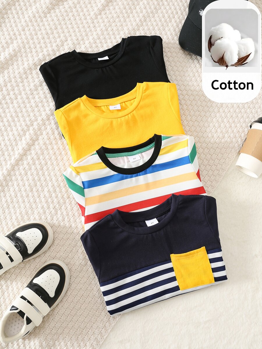 SHEIN 4pcs/Sets Young Boys Young Girls Casual College Style Solid Color Versatile Color Block Striped Crew Neck Long Sleeve T-Shirt Multi-Piece Set - Multicolor - View 1