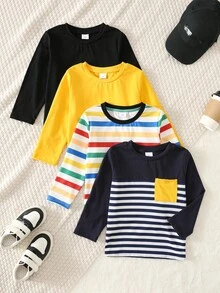 SHEIN 4件/套 青少年男孩女孩休閒學院風 素色拼接條紋圓領長袖T恤多件套 舒適百搭 適合外出、居家穿著，適配春夏秋冬四季，適合校園與派對 - 彩色 - 查看 4