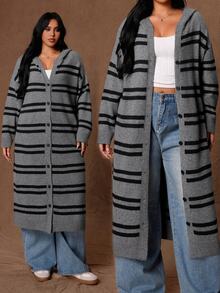 Rustia Plus Striped Pattern Drop Shoulder Hooded Duster Cardigan Winter - Multicolor - View 1
