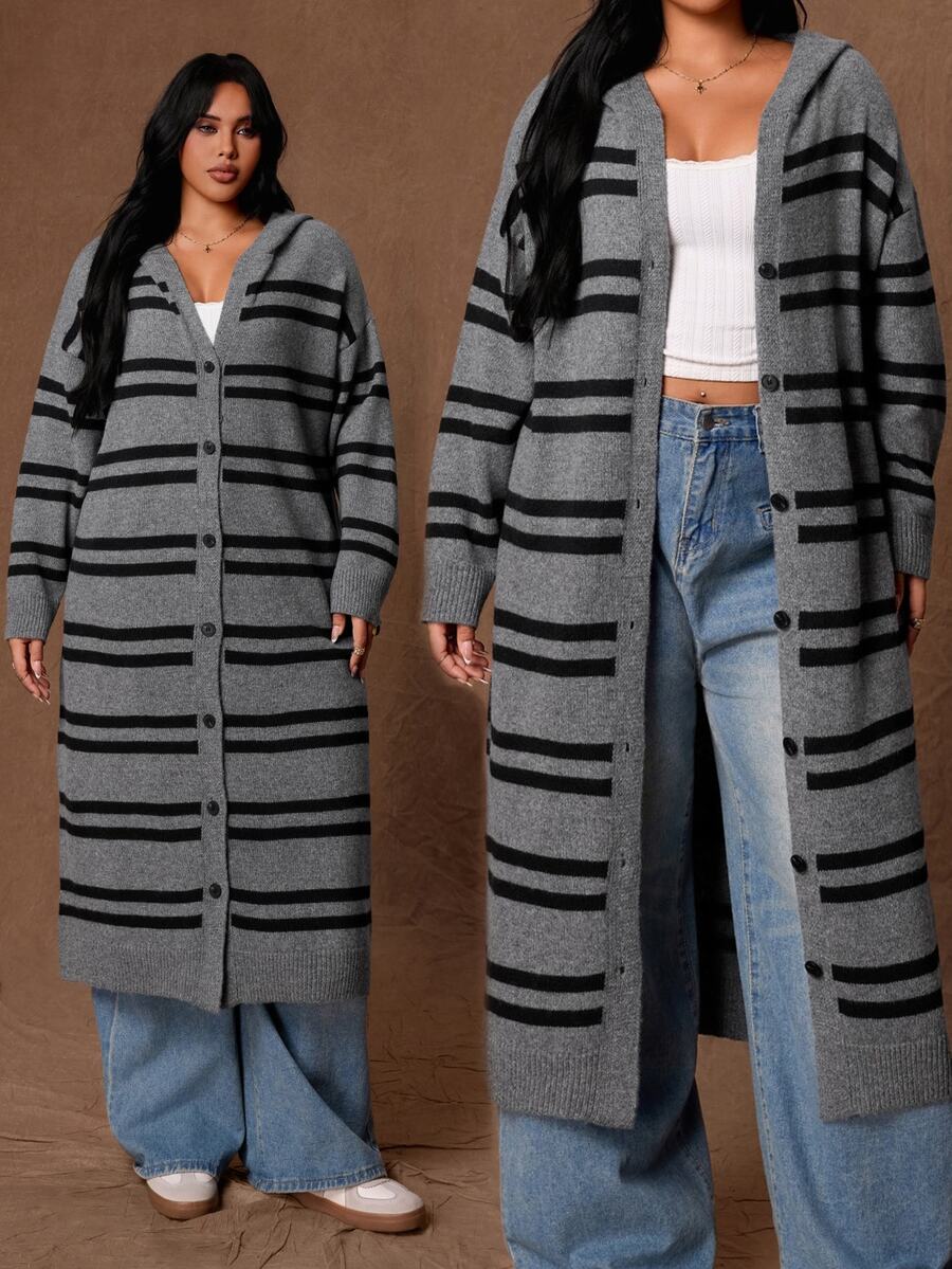 Rustia Plus Striped Pattern Drop Shoulder Hooded Duster Cardigan Winter - Multicolor - View 1