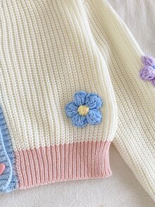 SHEIN Sweater Kardigan Anak Perempuan Motif Bunga Aprikot Warna-warni 3D yang Manis dan Lucu untuk Musim Gugur/Dingin - MultiWarna - View 7