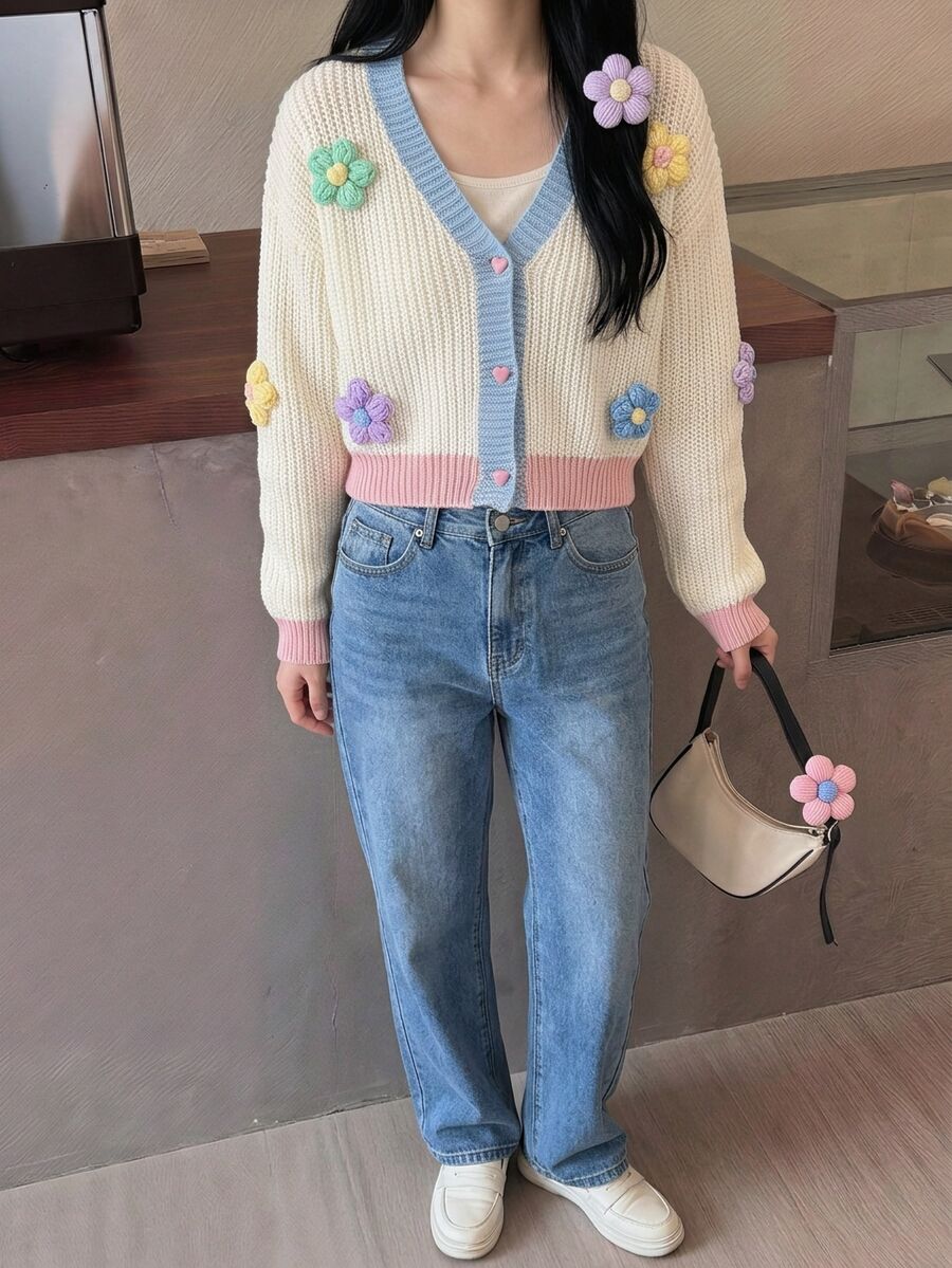 SHEIN Sweater Kardigan Anak Perempuan Motif Bunga Aprikot Warna-warni 3D yang Manis dan Lucu untuk Musim Gugur/Dingin