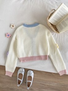 SHEIN Sweater Kardigan Anak Perempuan Motif Bunga Aprikot Warna-warni 3D yang Manis dan Lucu untuk Musim Gugur/Dingin - MultiWarna - View 3
