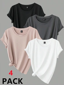 Calvaya Women's Plus Size Summer 4pcs Solid Color Round Neck Short Sleeve Casual T-Shirt - Multicolor - View 1