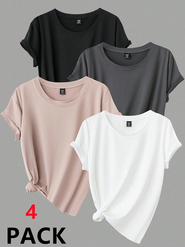 Calvaya Damen Große Größen 4-teiliges Sommer Set mit rundhalskasigem Kurzarm Lässig T-Shirt in Unifarben
