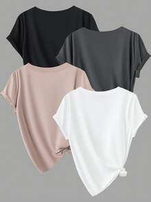 Calvaya Women's Plus Size Summer 4pcs Solid Color Round Neck Short Sleeve Casual T-Shirt - Multicolor - View 2