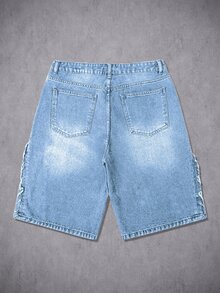 Manfinity Denimwave Men's Hip-Hop Street Style American Print Raw Edge Black Washed Denim Mid-Length Pants - Light Wash - View 2
