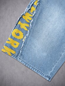 Manfinity Denimwave Men's Hip-Hop Street Style American Print Raw Edge Black Washed Denim Mid-Length Pants - Light Wash - View 4