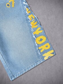 Manfinity Denimwave Men's Hip-Hop Street Style American Print Raw Edge Black Washed Denim Mid-Length Pants - Light Wash - View 3