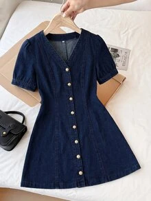 SHEIN MOD فستان جينز نسائي متعدد الاستخدامات بياقة على شكل حرف V وأكمام قصيرة وأزرار أمامية - الأزرق - مشاهدة 1