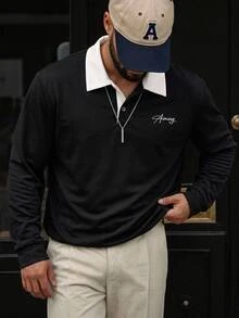 HIMLAND 男士字母印花拼色休閒百搭通勤旅行短袖 Polo 衫 - 黑色 - 查看 7