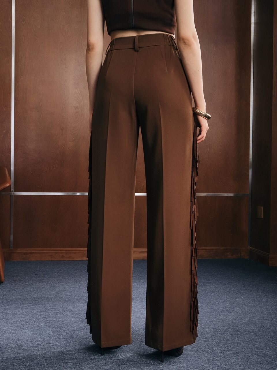 Modern Western Retro Bohemian Style Summer Outfit Dark Brown Faux Suede Fabric Women's High Waist Side Tassel Straight Leg Long Pants Brunch Office