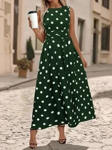 Editum Women's Floral Print Round Neck Waist Tie Pocket Sleeveless Loose Casual Polka Dot Dress, Summer,Summer Dresses For Women - Dark Green - View 3