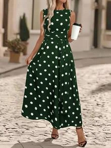 Editum Women's Floral Print Round Neck Waist Tie Pocket Sleeveless Loose Casual Polka Dot Dress, Summer,Summer Dresses For Women - Dark Green - View 4